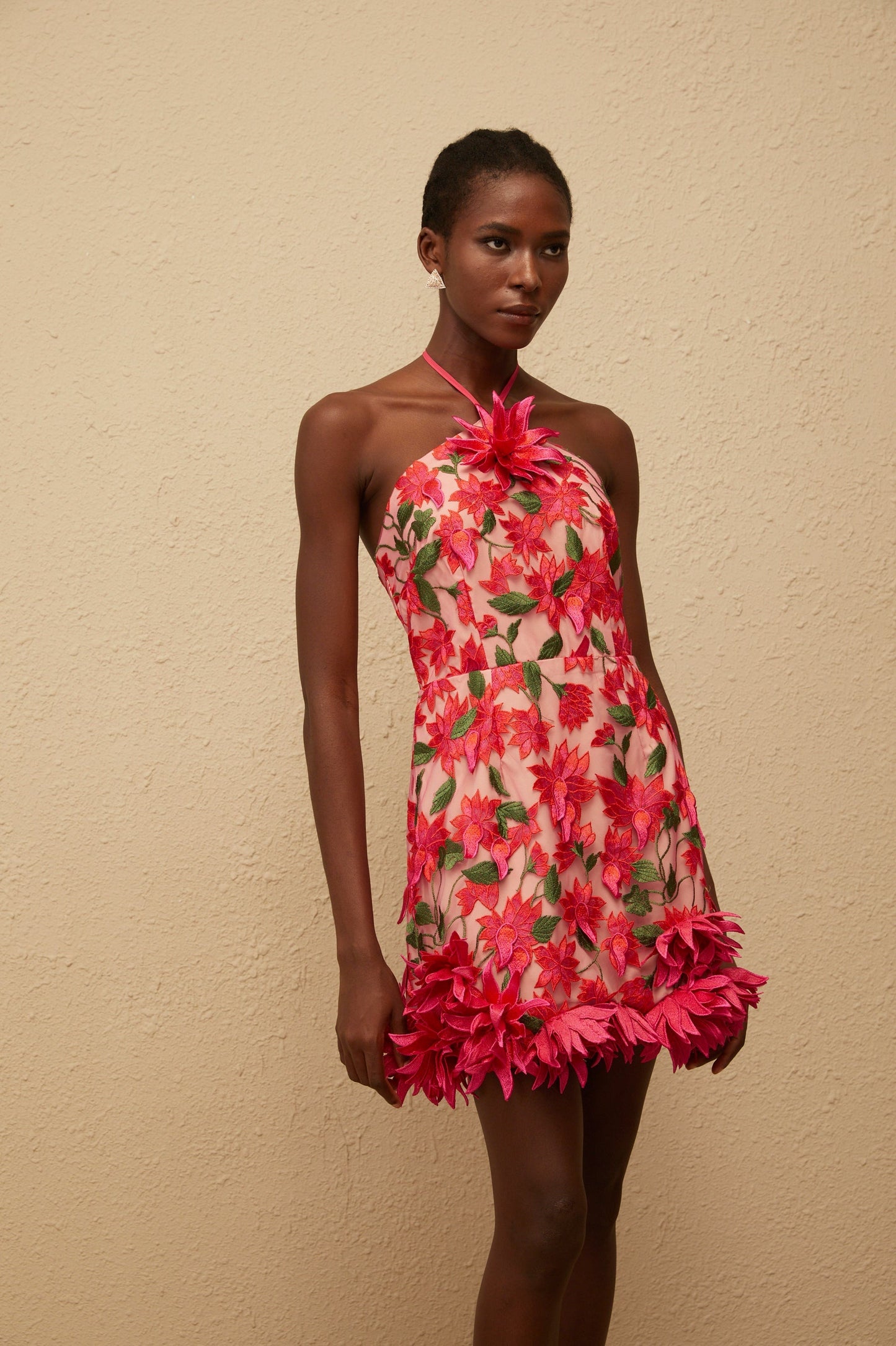 Doriane Red Halterneck Floral Embroidered Mini Dress