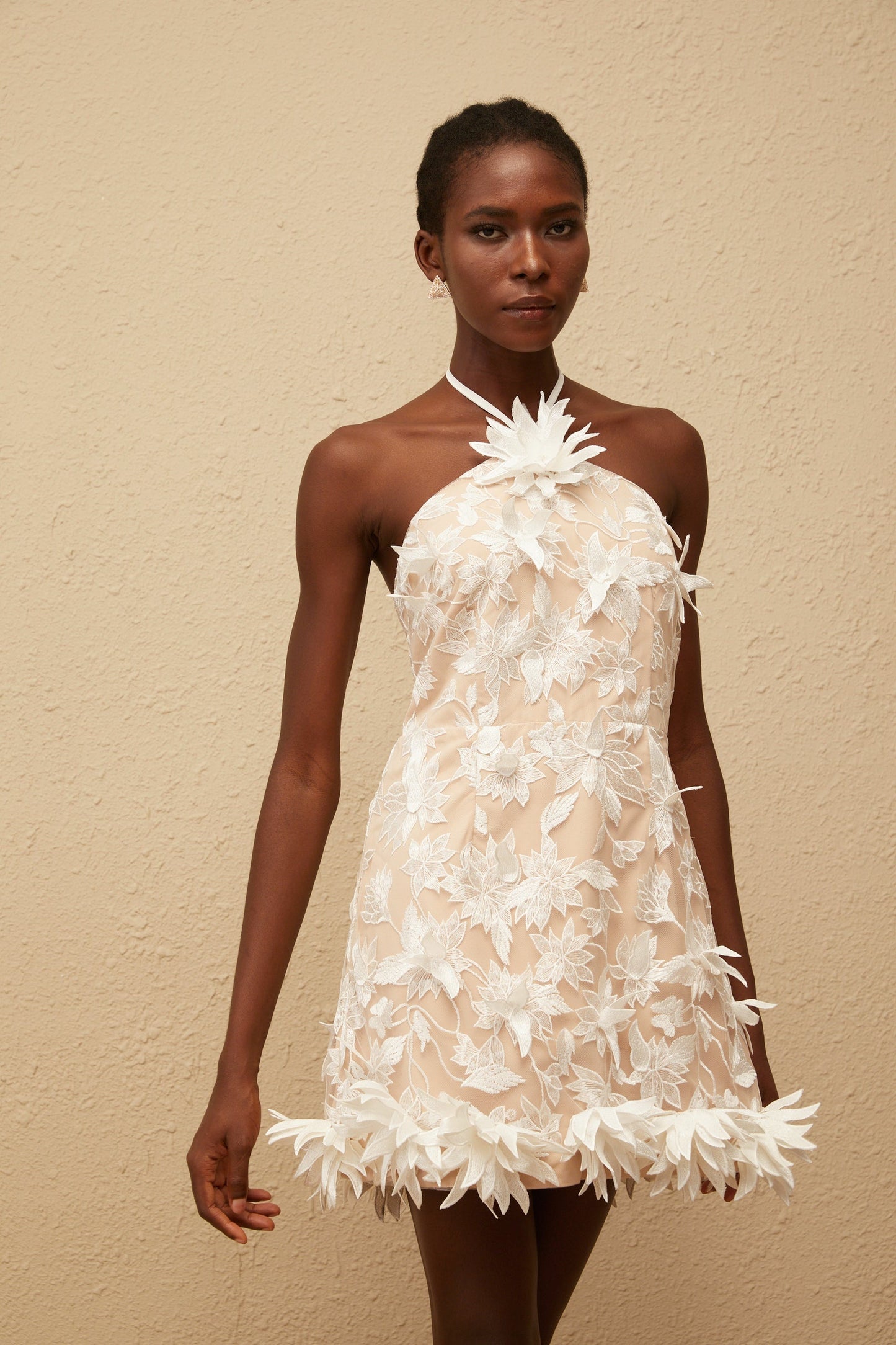 Doriane White Halterneck Floral Embroidered Mini Dress