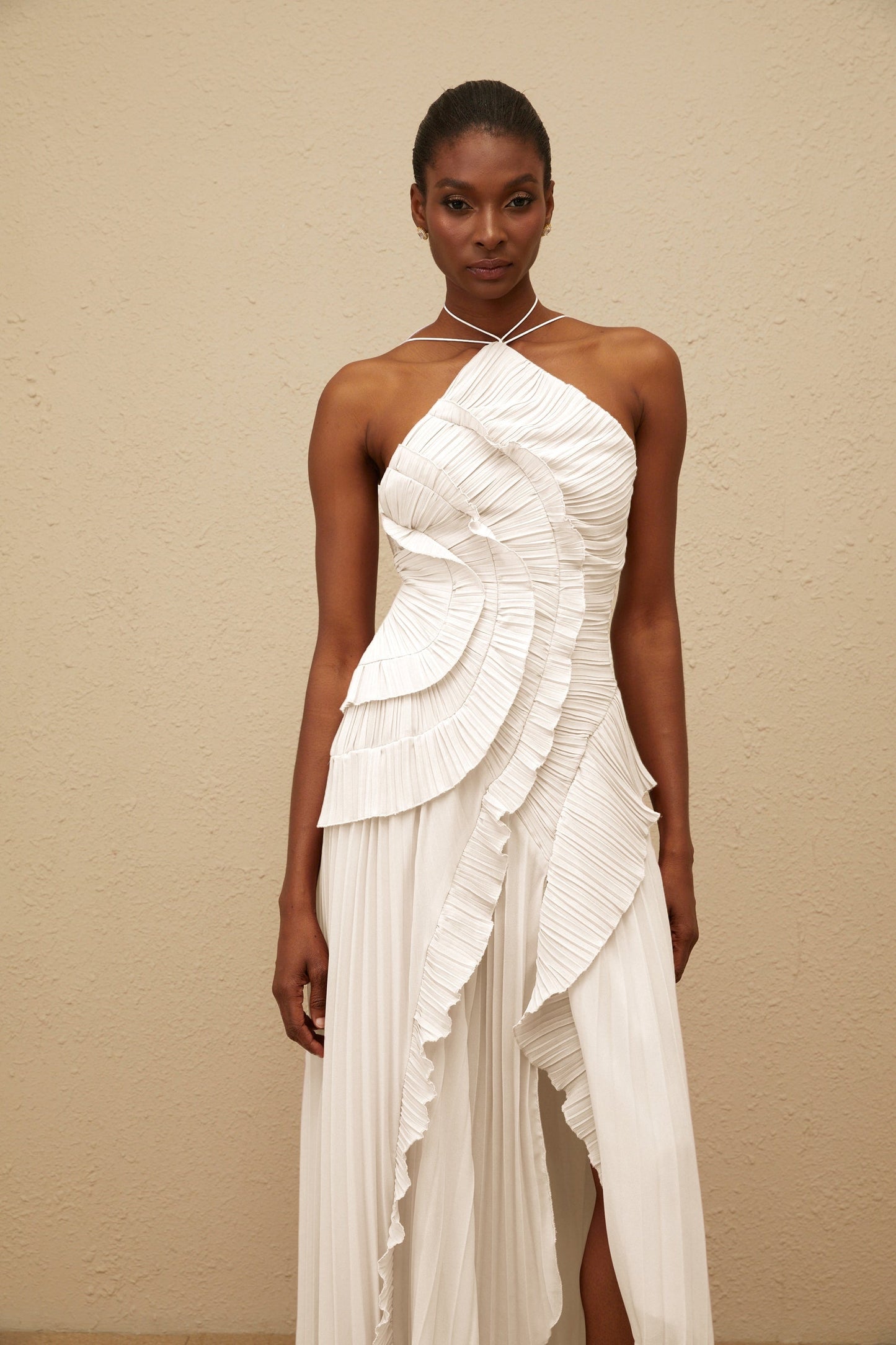 Doux White Ruffled Trim Pleated Midi Dress