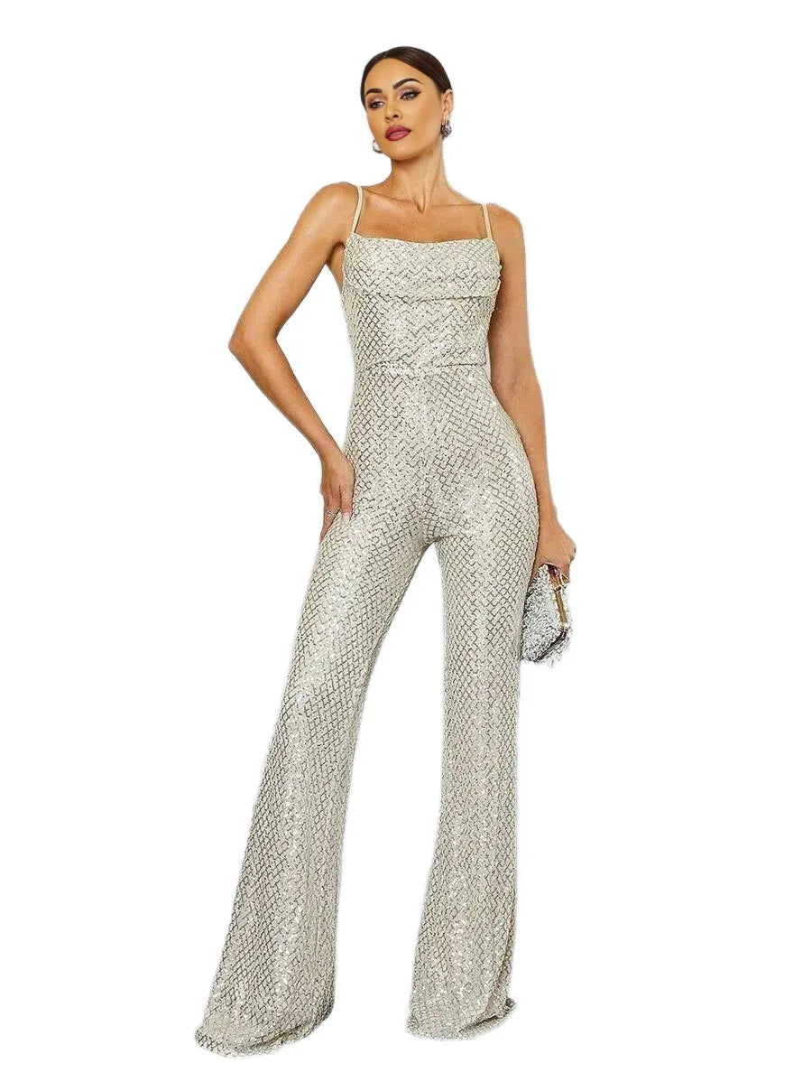 Draped Collar Sequin Cami Elegant Jumpsuit