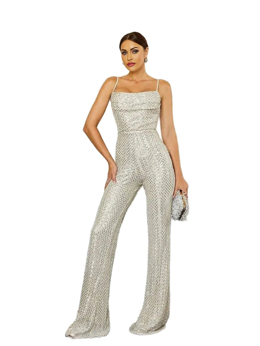 Draped Collar Sequin Cami Elegant Jumpsuit