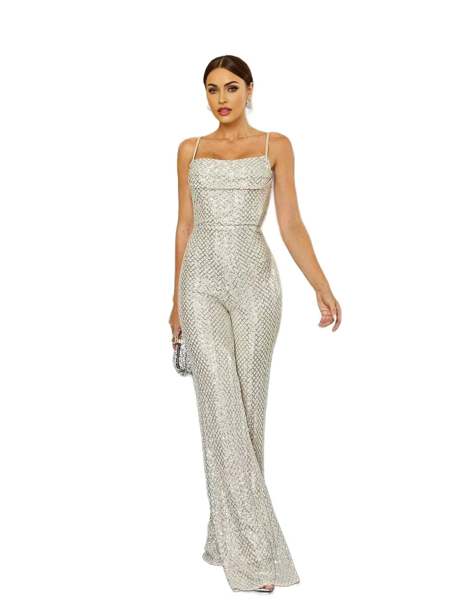 Draped Collar Sequin Cami Elegant Jumpsuit