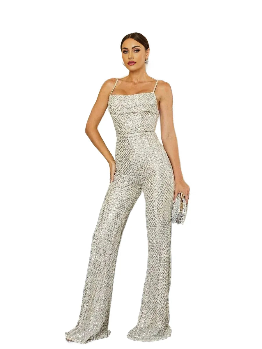 Draped Collar Sequin Cami Elegant Jumpsuit
