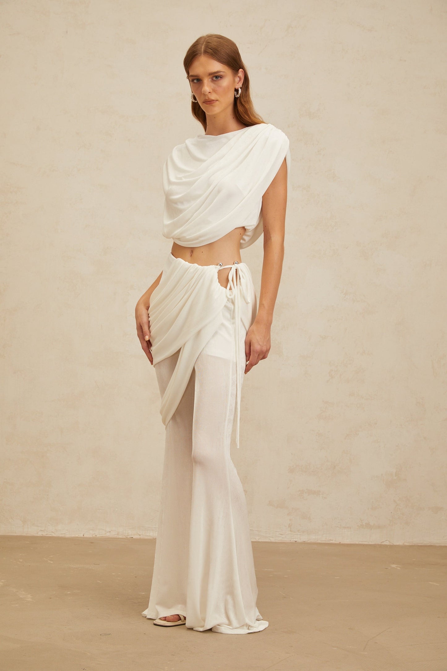 Dulcie White Asymmetrical Ruched Matching Set
