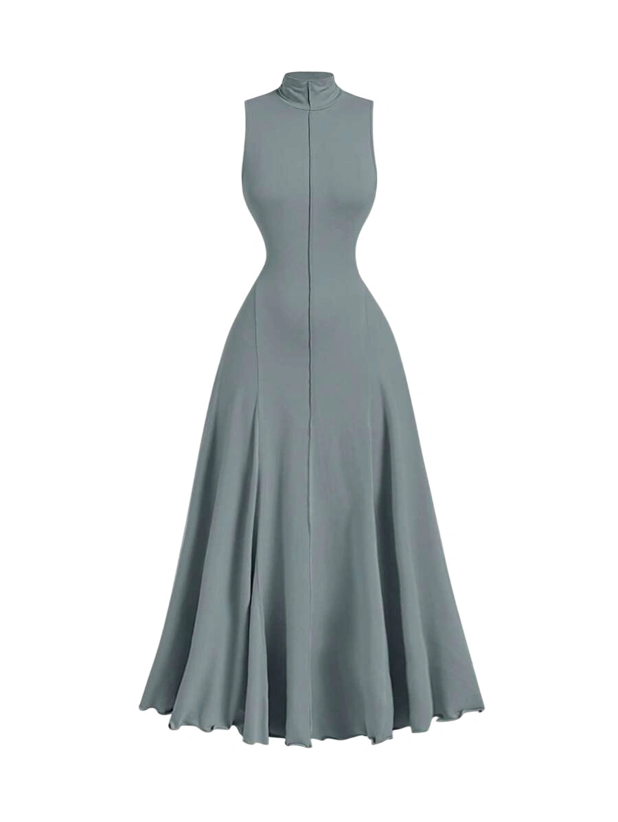 Gray high-neck maxi dress with a sleeveless design and flowing silhouette for a sleek and elegant look
