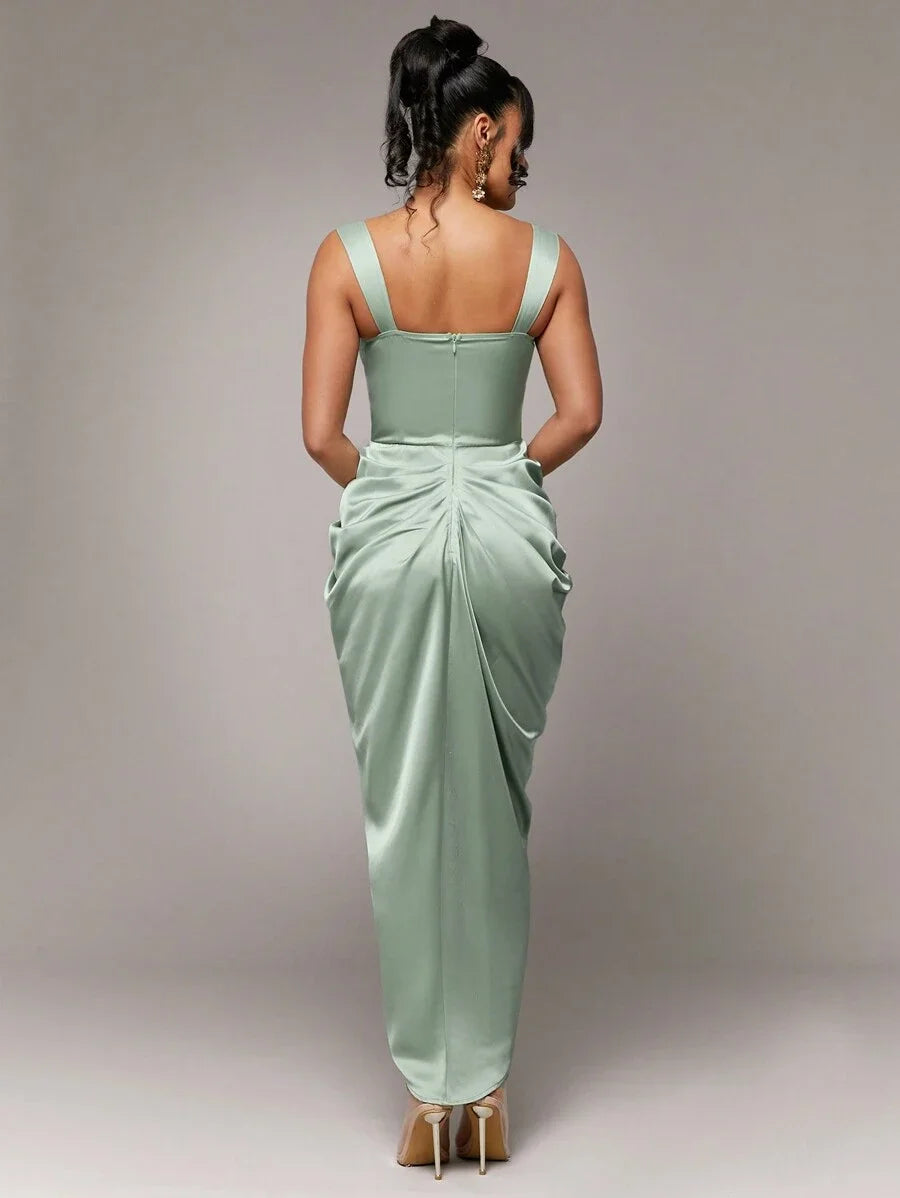 Early Spring amp Summer Solid Color Elegant Romantic Sage Green Asymmetric Ruffle Hem Wide Strap