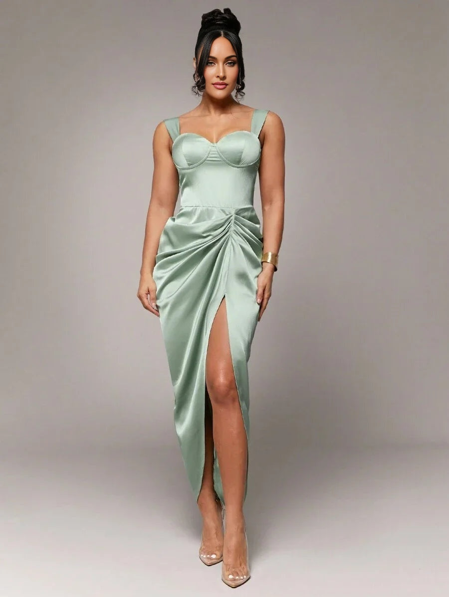 Early Spring amp Summer Solid Color Elegant Romantic Sage Green Asymmetric Ruffle Hem Wide Strap