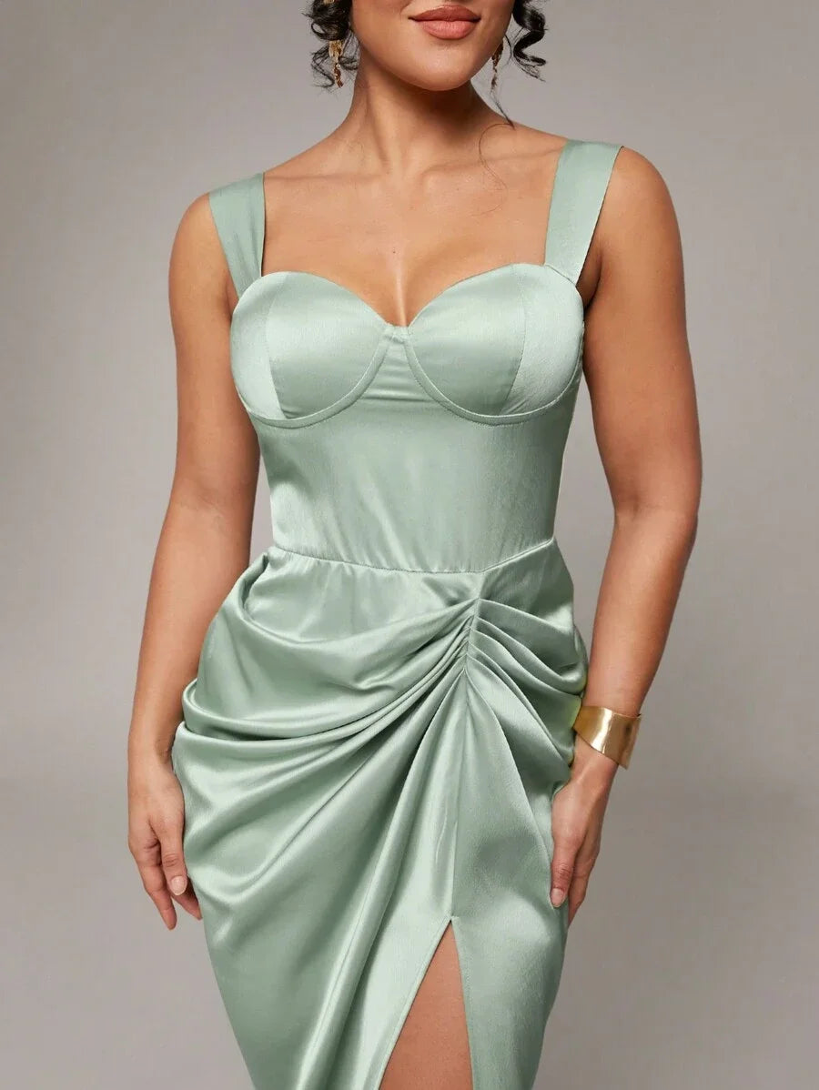 Early Spring amp Summer Solid Color Elegant Romantic Sage Green Asymmetric Ruffle Hem Wide Strap