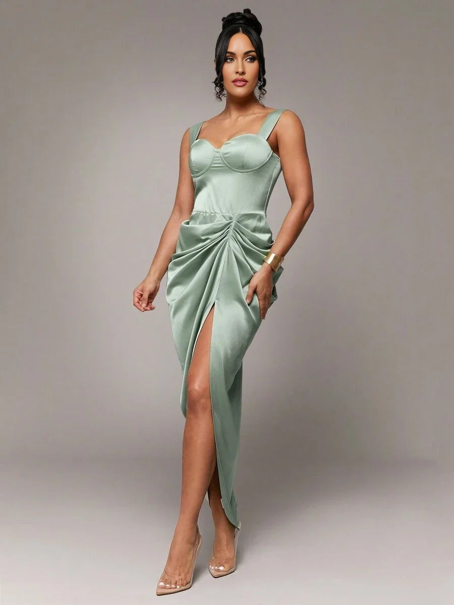 Early Spring amp Summer Solid Color Elegant Romantic Sage Green Asymmetric Ruffle Hem Wide Strap