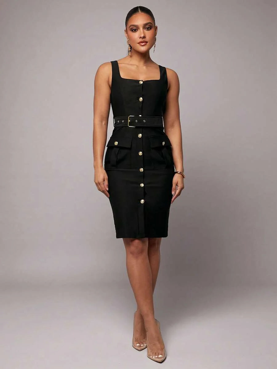 Early Spring Sleeveless Solid Black Elegant SlimFit Midi Business Dress Sexy Office Uniform Teacher