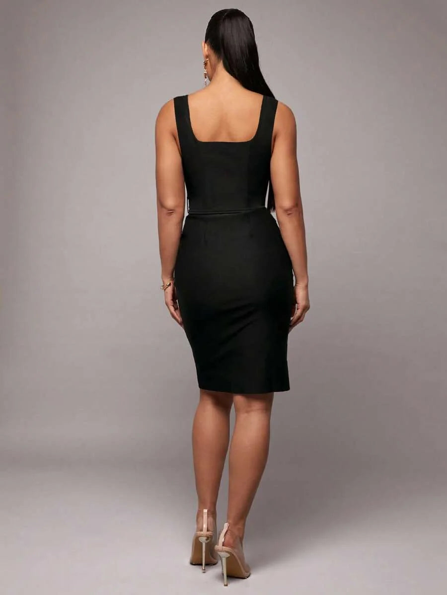 Early Spring Sleeveless Solid Black Elegant SlimFit Midi Business Dress Sexy Office Uniform Teacher