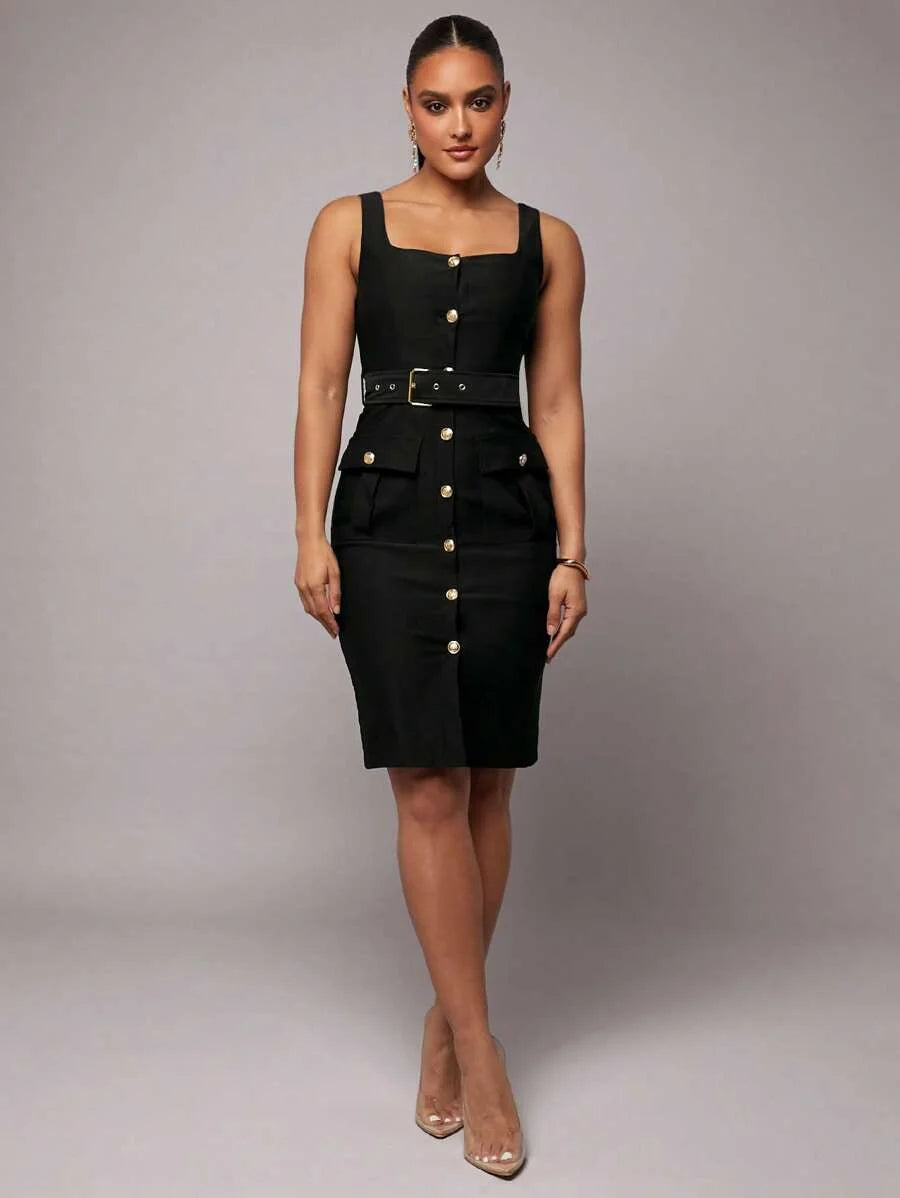Early Spring Sleeveless Solid Black Elegant SlimFit Midi Business Dress Sexy Office Uniform Teacher