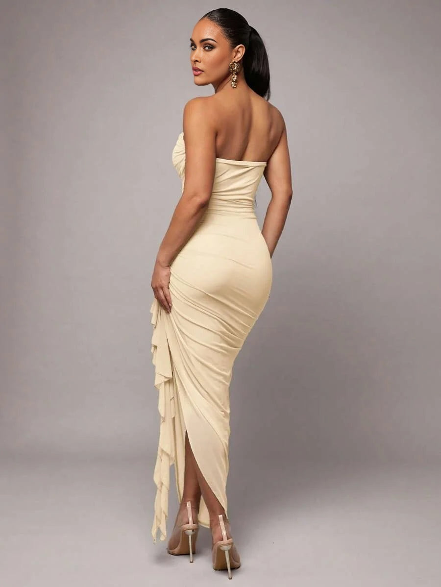 Early SpringSummer Graceful amp Romantic Print Surplice Neck Ruffle Sleeve High Slit Dress For