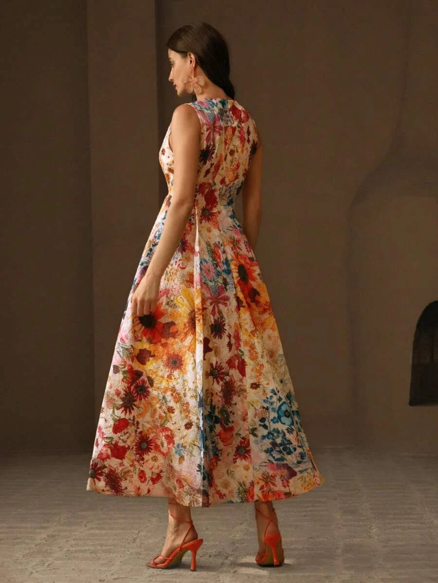Easter SpringSummer Round Neck Ditsy Floral Waist Fitted ALine Fashionable Elegant Ladies Dress
