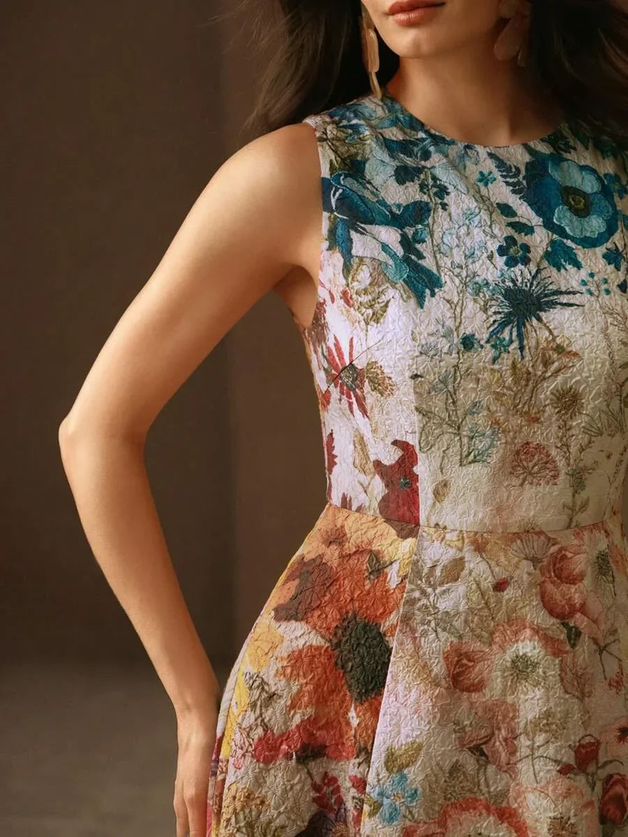 Easter SpringSummer Round Neck Ditsy Floral Waist Fitted ALine Fashionable Elegant Ladies Dress