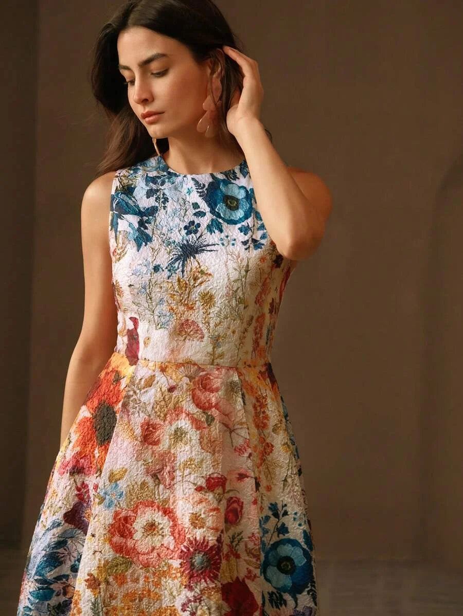 Easter SpringSummer Round Neck Ditsy Floral Waist Fitted ALine Fashionable Elegant Ladies Dress