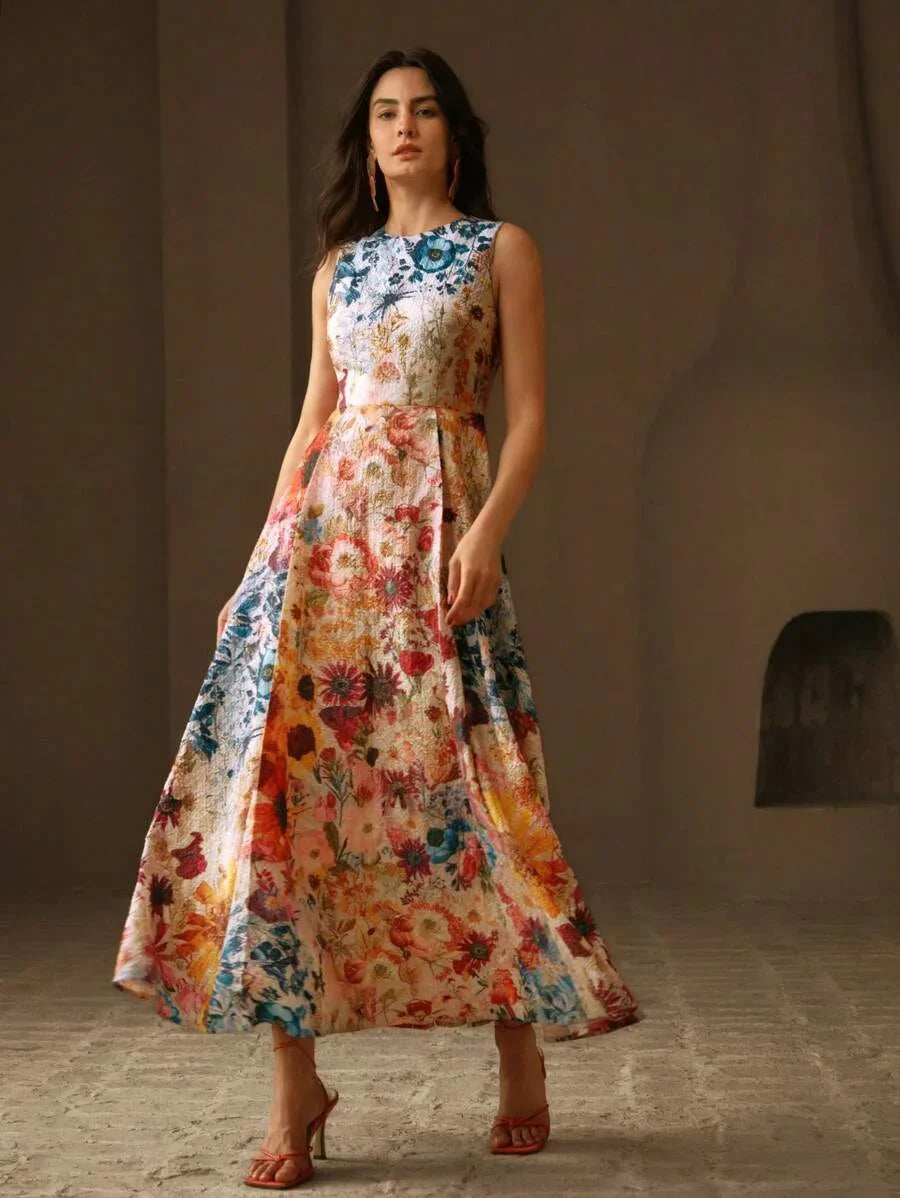 Easter SpringSummer Round Neck Ditsy Floral Waist Fitted ALine Fashionable Elegant Ladies Dress