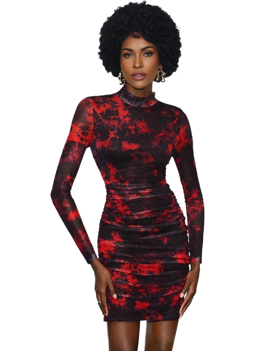 Daniela Short Dress with Ruching and Long Sleeves in Red - modified image