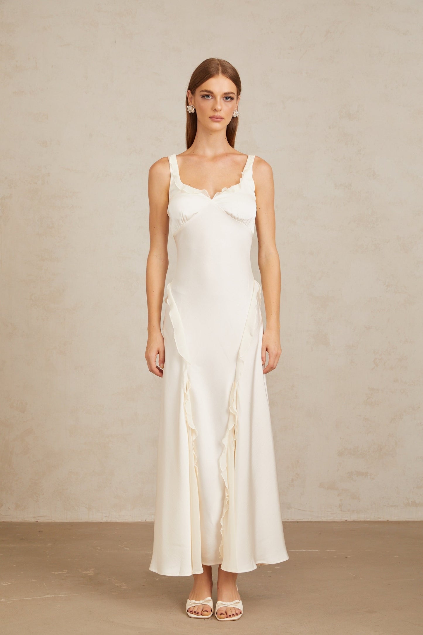 Eeva White Ruffled Trim Maxi Dress