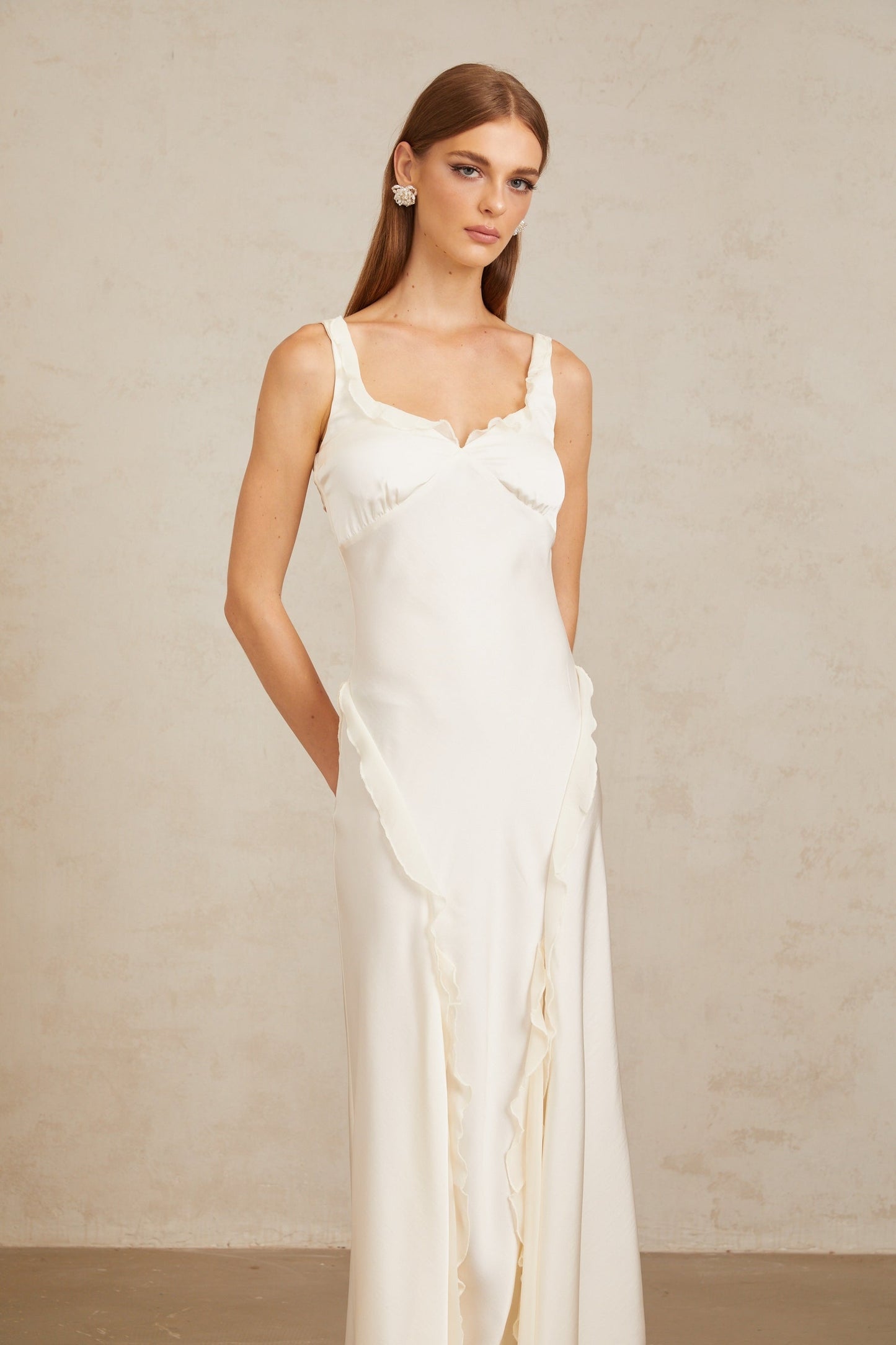 Eeva White Ruffled Trim Maxi Dress
