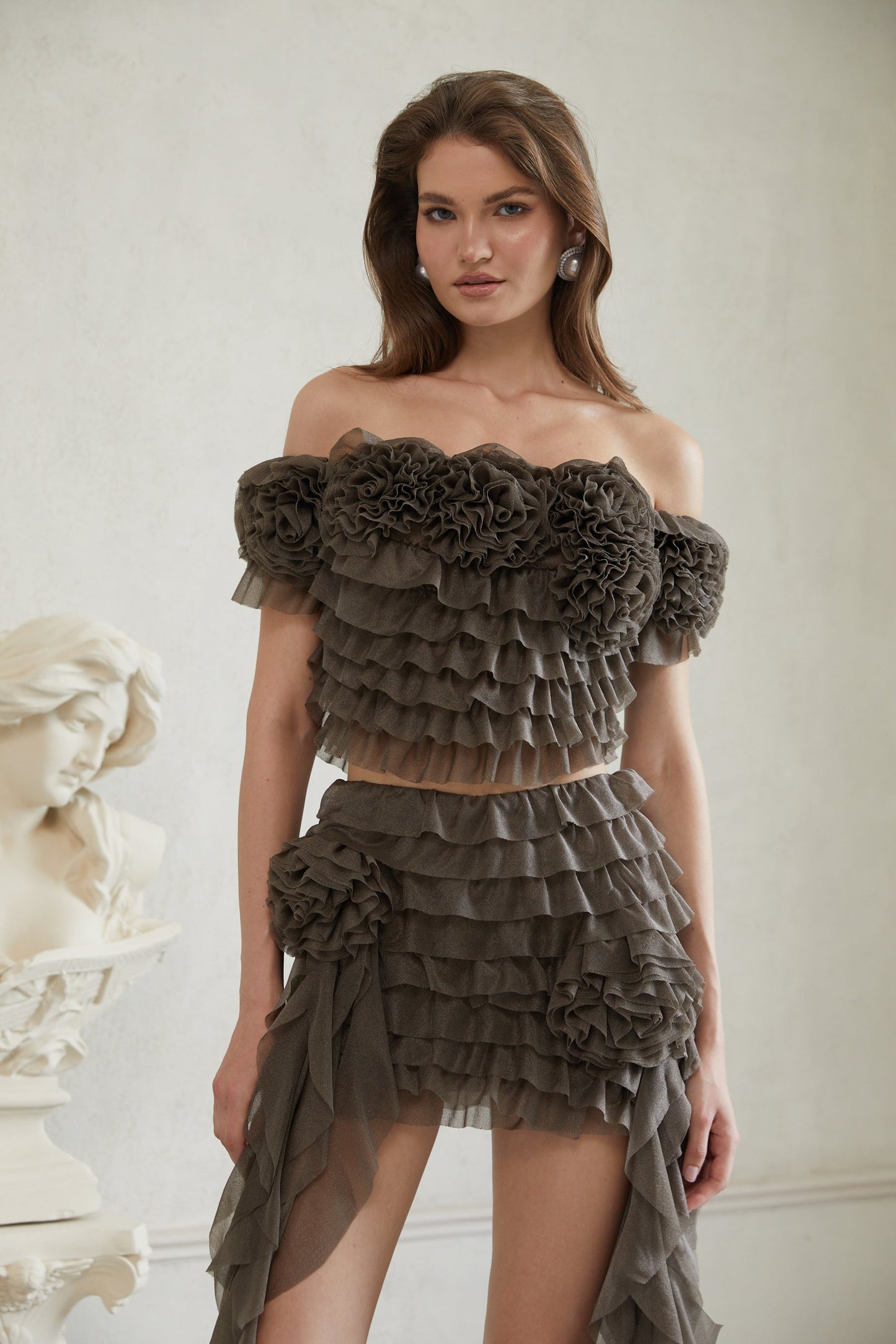 Eini Grey Ruffled Tulle Top Skirt Set