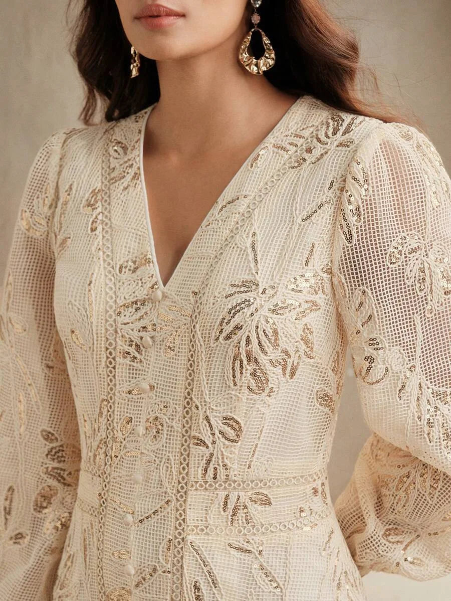 Elaire Spring Elegant Textured Sequin Fabric VNeck Long Sleeve Dress Vacation Beach Casual Old