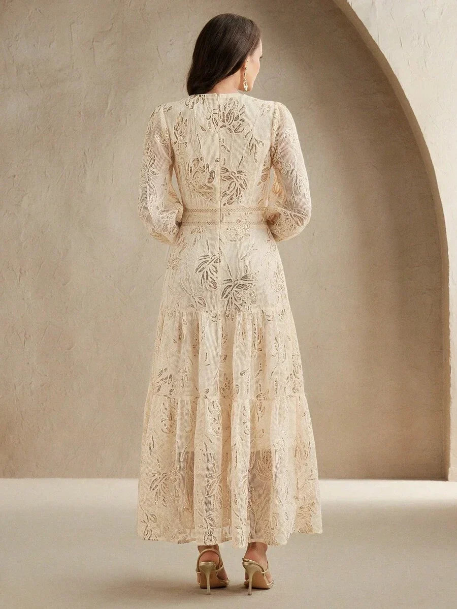 Elaire Spring Elegant Textured Sequin Fabric VNeck Long Sleeve Dress Vacation Beach Casual Old