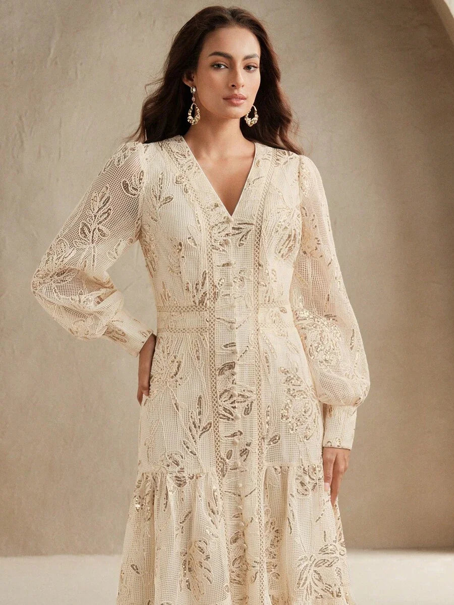 Elaire Spring Elegant Textured Sequin Fabric VNeck Long Sleeve Dress Vacation Beach Casual Old
