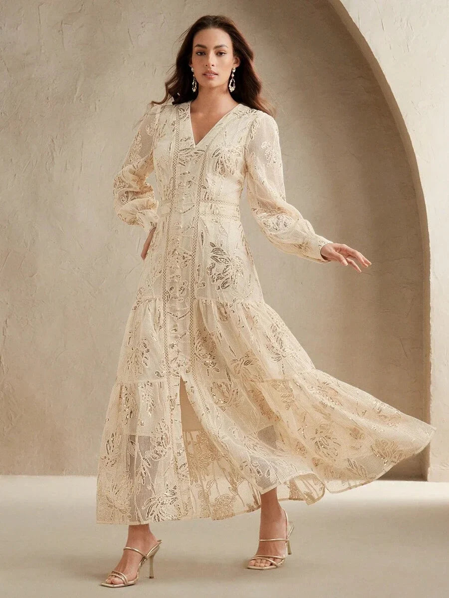Elaire Spring Elegant Textured Sequin Fabric VNeck Long Sleeve Dress Vacation Beach Casual Old