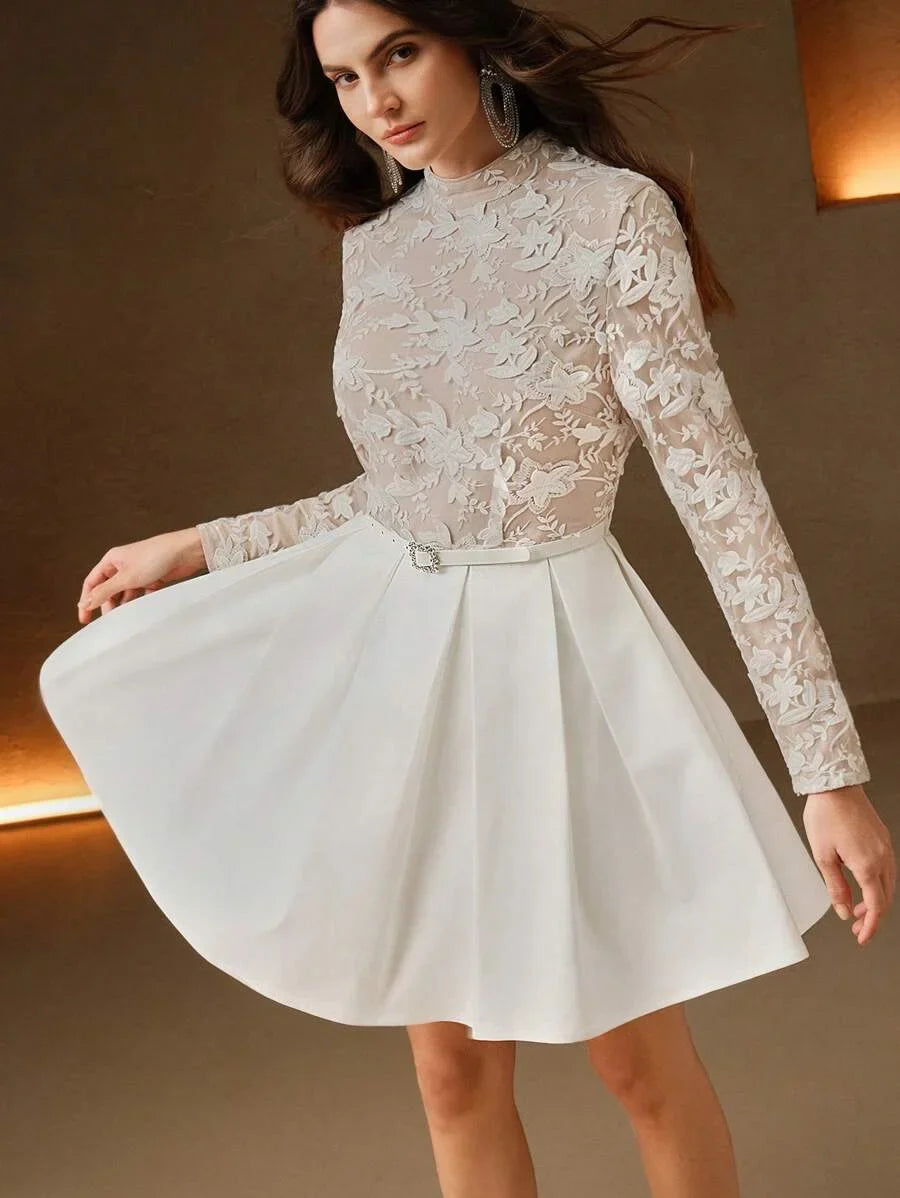 Elegant 3D Floral Embroidered Patchwork Pleated Waist Dress SpringSummer For New Year Valentines