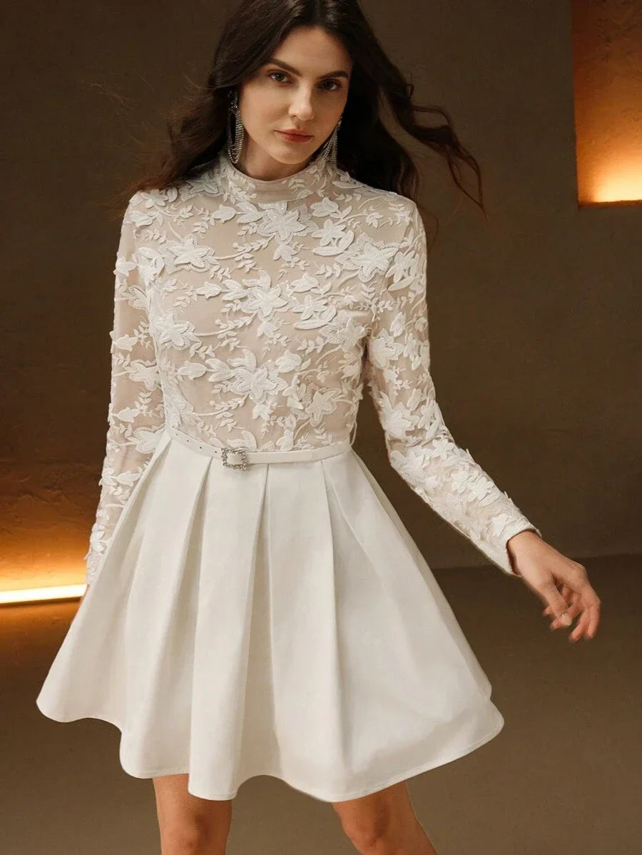 Elegant 3D Floral Embroidered Patchwork Pleated Waist Dress SpringSummer For New Year Valentines
