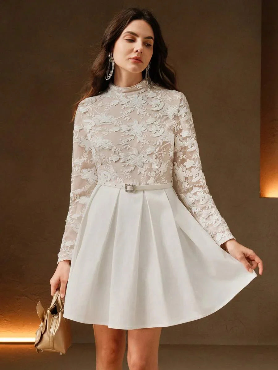 Elegant 3D Floral Embroidered Patchwork Pleated Waist Dress SpringSummer For New Year Valentines