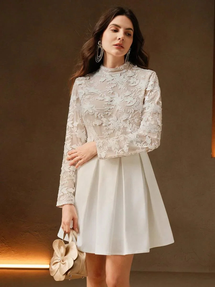 Elegant 3D Floral Embroidered Patchwork Pleated Waist Dress SpringSummer For New Year Valentines