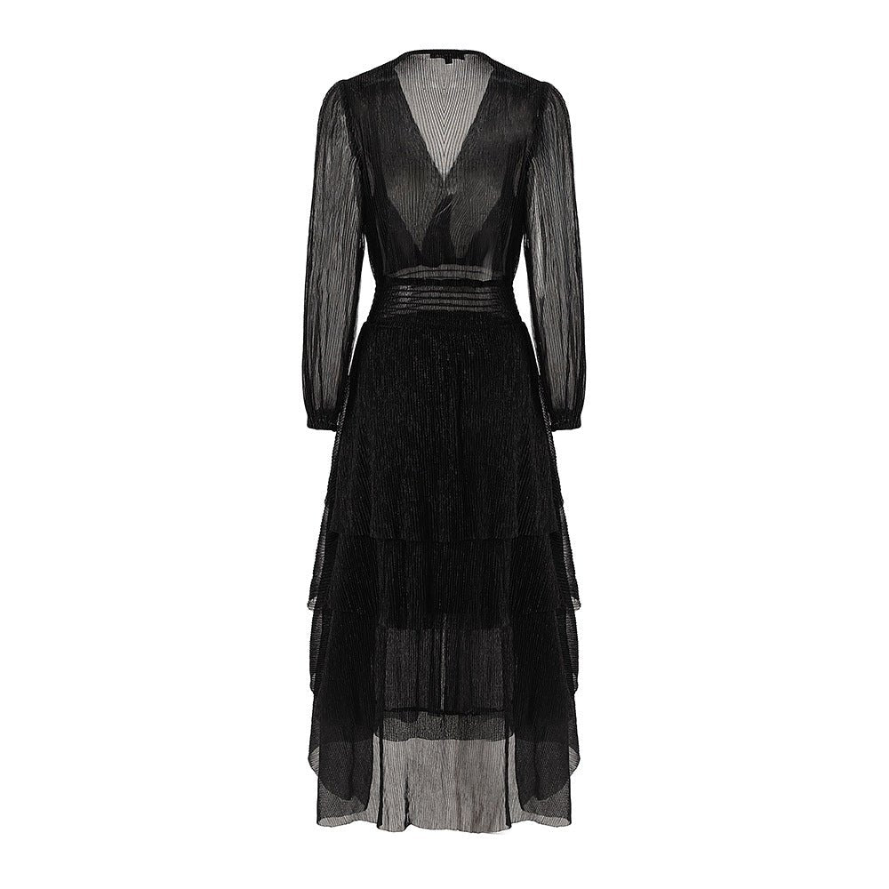 Elegant Black Pleated Maxi Dress with Sheer Sleeves and Waistband