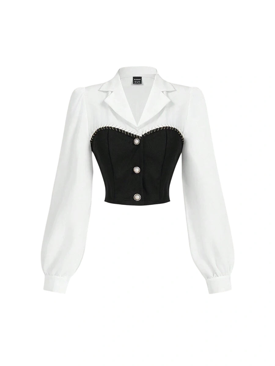Elegant Casual 2 In 1 Stitching Fitted Women Crop Top in black and white