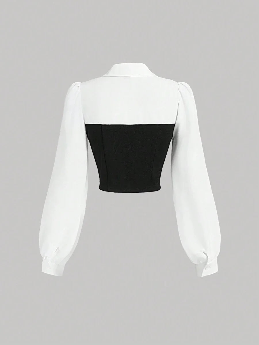 Elegant Casual 2 In 1 Stitching Fitted Women Crop Top in black and white