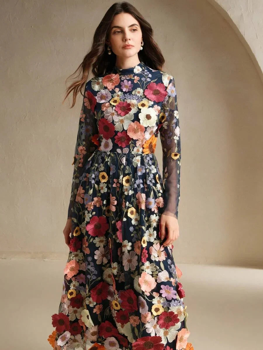 Elegant Christmas 3D Floral Embroidery Dress VNeck HighLow Hem Long Gown For Women New Year Party