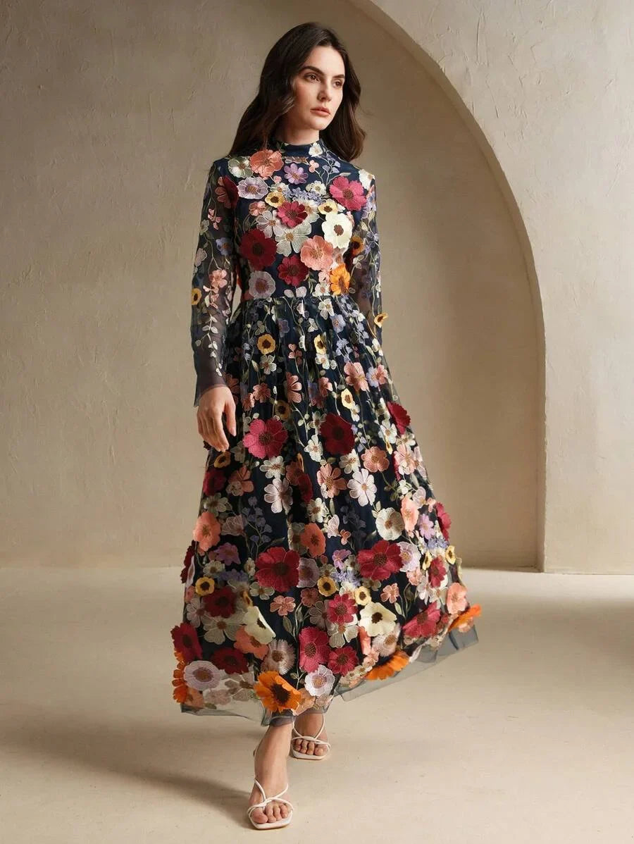 Elegant Christmas 3D Floral Embroidery Dress VNeck HighLow Hem Long Gown For Women New Year Party