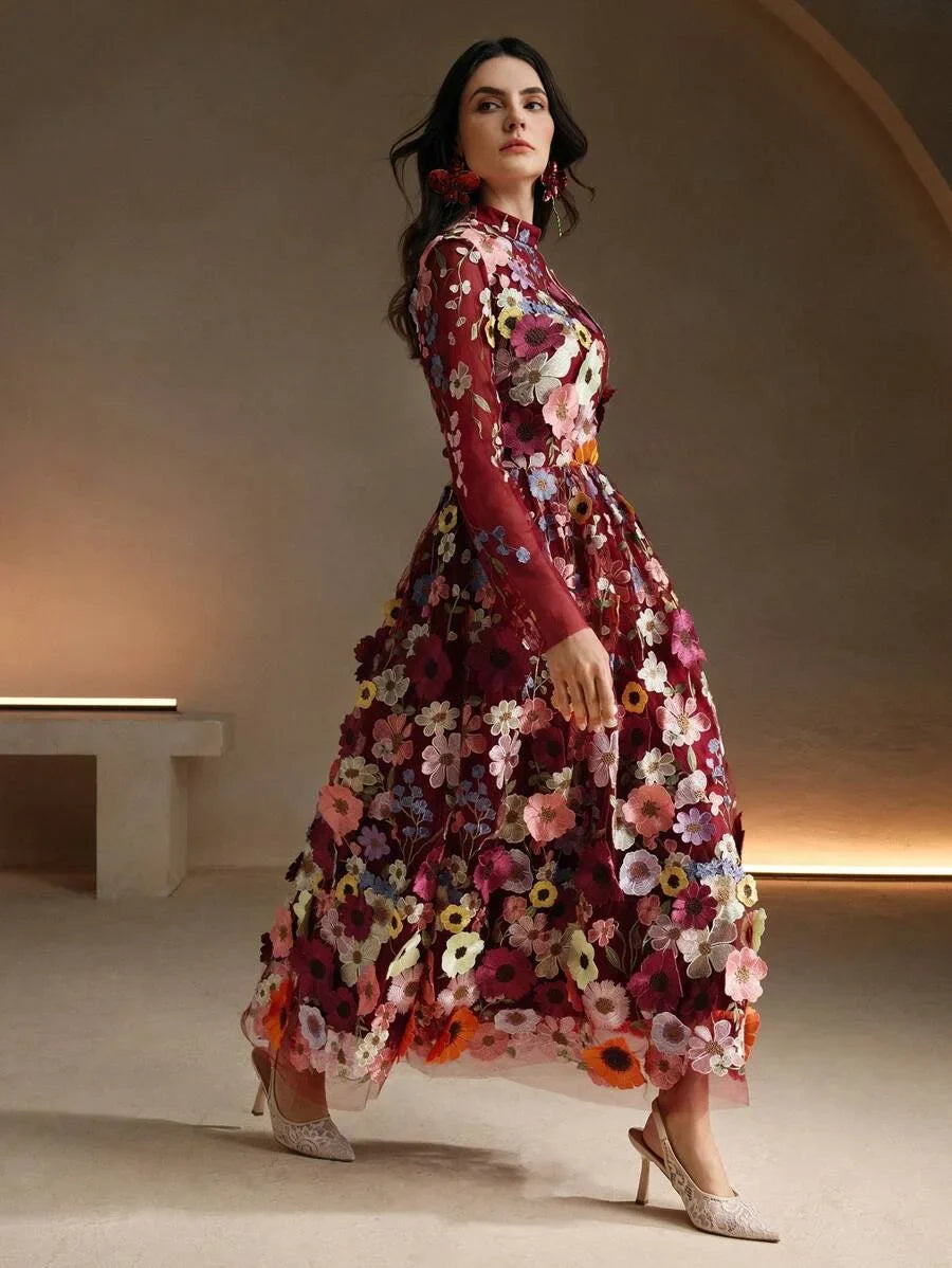 Elegant Christmas 3D Flower Embroider Deep VNeck Long Dress With Flared Hem For Women Burgundy Maxi