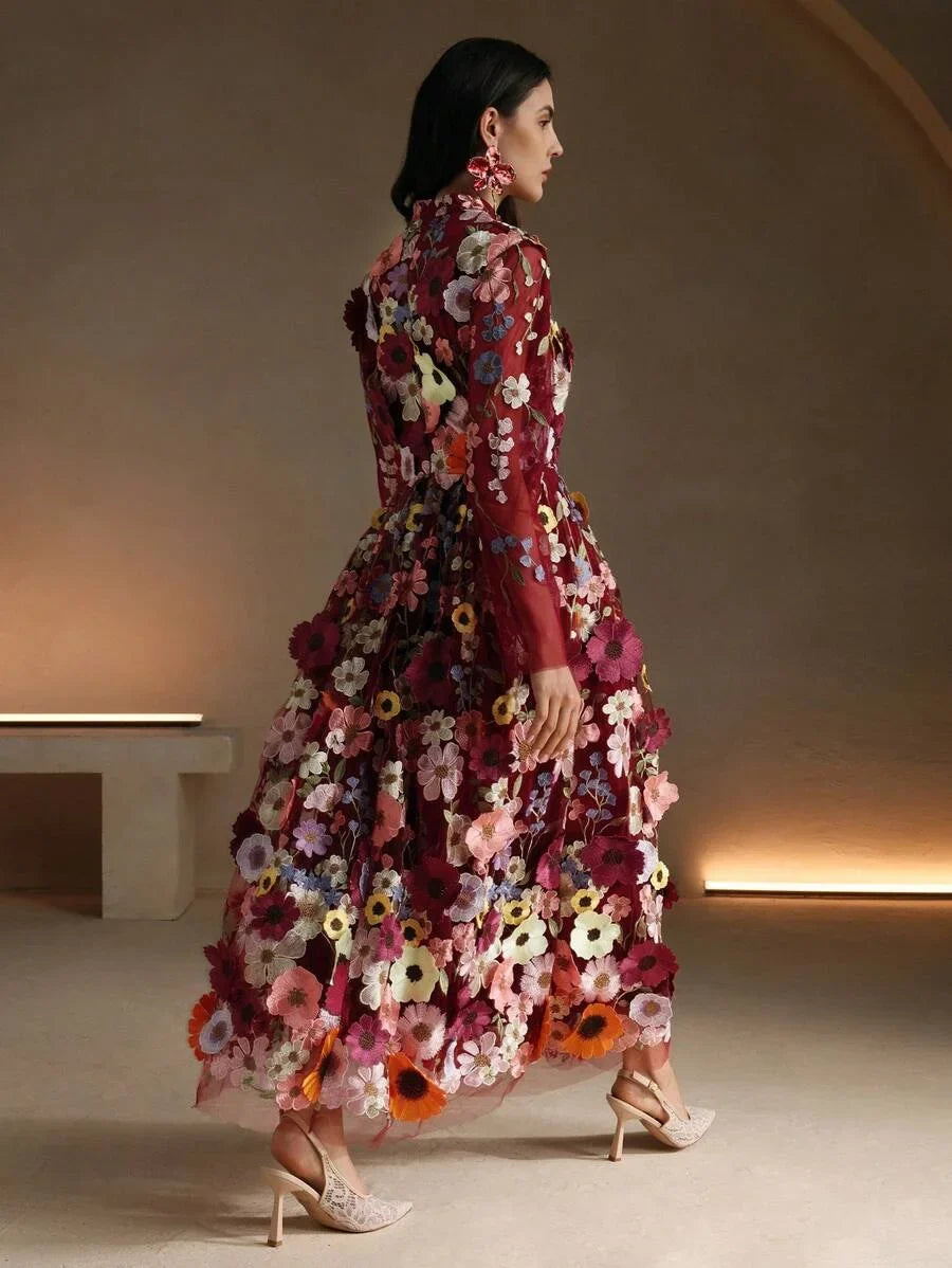 Elegant Christmas 3D Flower Embroider Deep VNeck Long Dress With Flared Hem For Women Burgundy Maxi