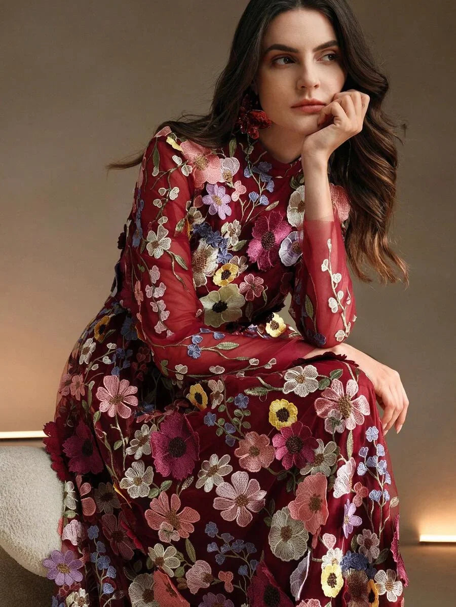 Elegant Christmas 3D Flower Embroider Deep VNeck Long Dress With Flared Hem For Women Burgundy Maxi