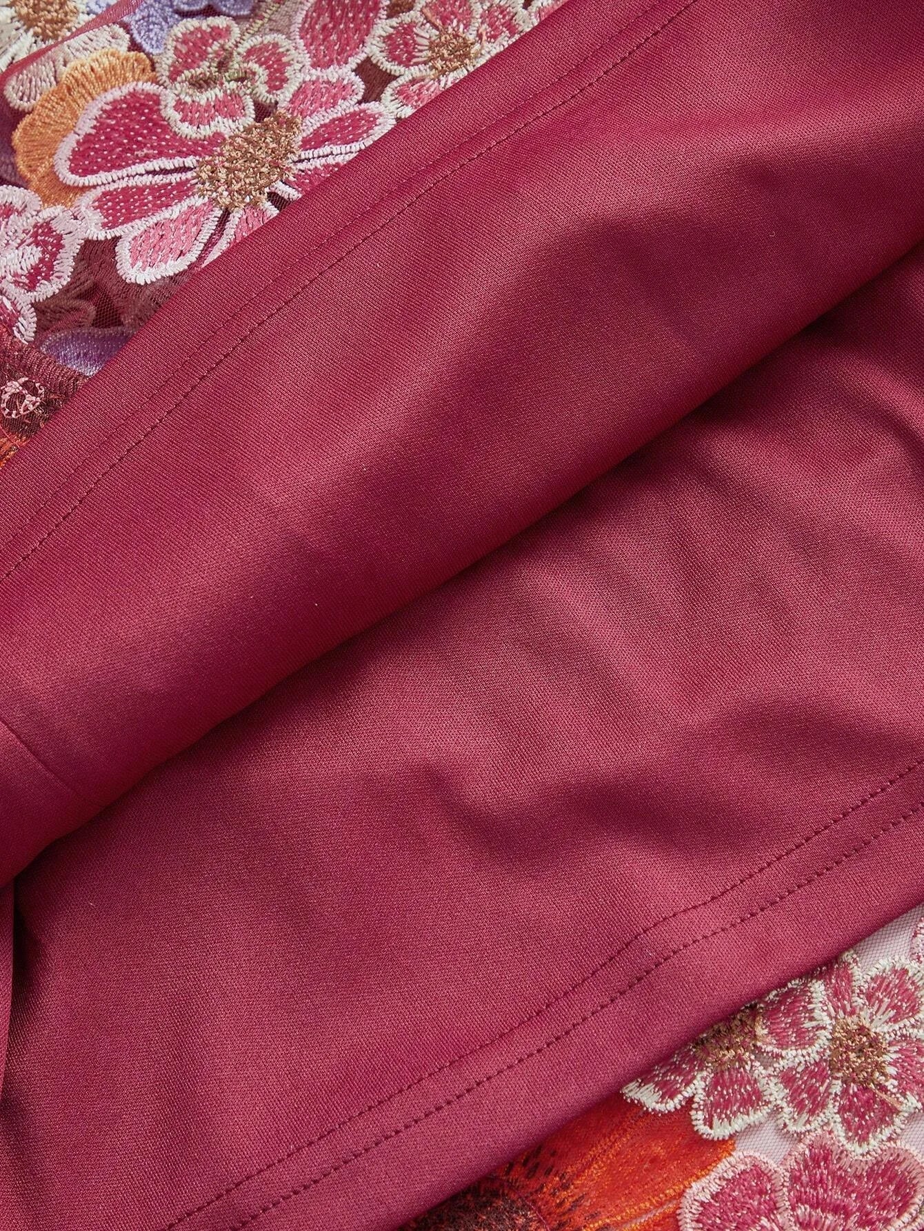 Elegant Christmas 3D Flower Embroider Deep VNeck Long Dress With Flared Hem For Women Burgundy Maxi