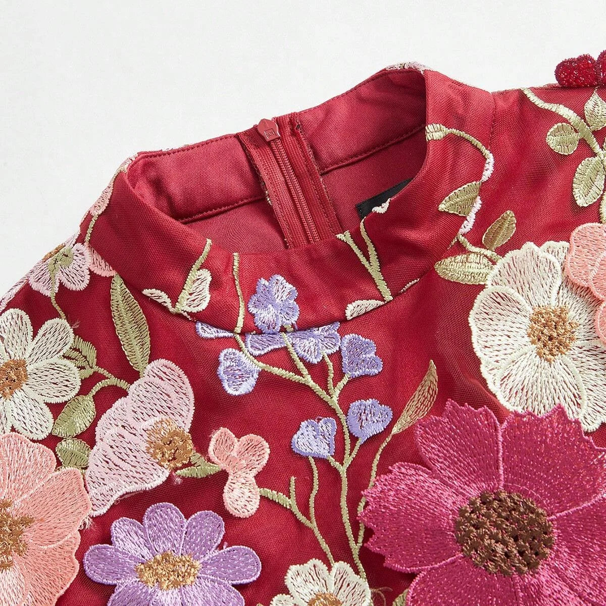 Elegant Christmas 3D Flower Embroider Deep VNeck Long Dress With Flared Hem For Women Burgundy Maxi