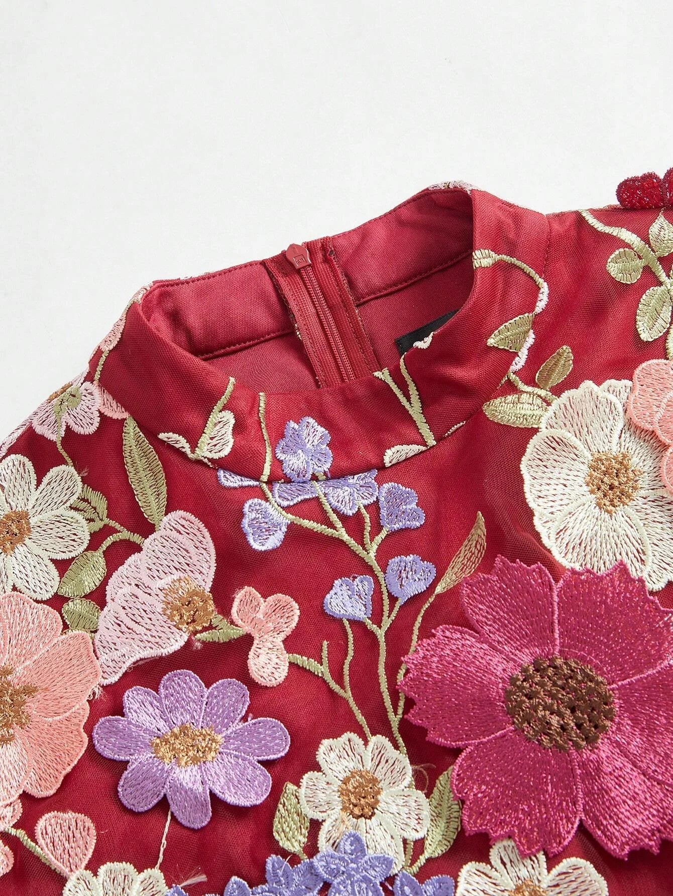 Elegant Christmas 3D Flower Embroider Deep VNeck Long Dress With Flared Hem For Women Burgundy Maxi