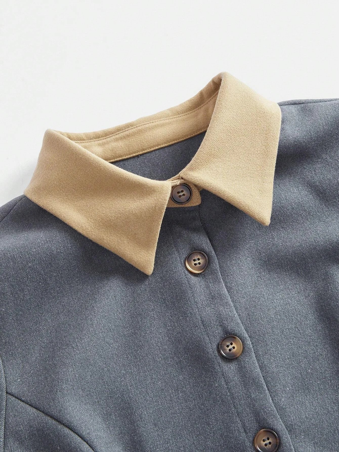 Elegant Contrast Color Faux Pocket Design Woolen Dress With Collar And Sleeve Details For Women