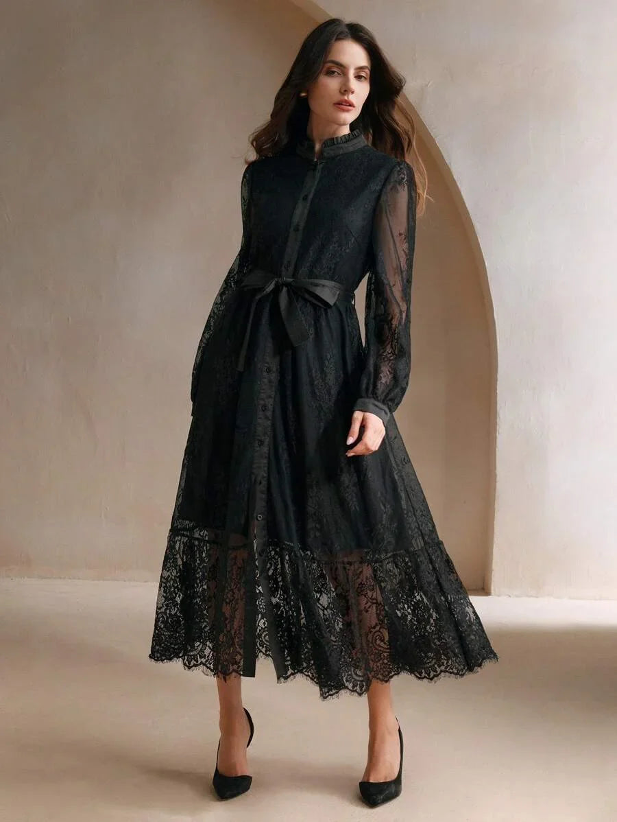 Elegant Embroidered Lace Midi Dress For Women SpringAutumn Maxi Women Outfit