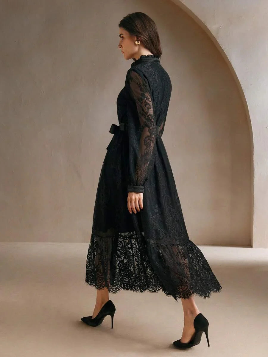 Elegant Embroidered Lace Midi Dress For Women SpringAutumn Maxi Women Outfit