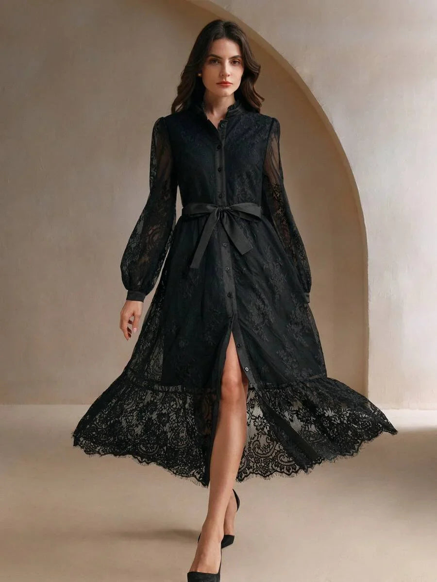 Elegant Embroidered Lace Midi Dress For Women SpringAutumn Maxi Women Outfit
