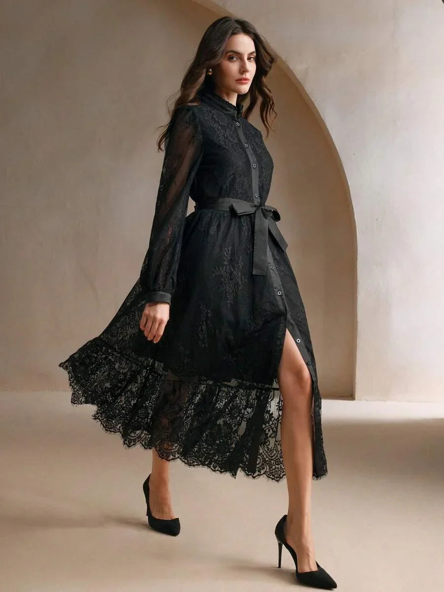 Elegant Embroidered Lace Midi Dress For Women SpringAutumn Maxi Women Outfit