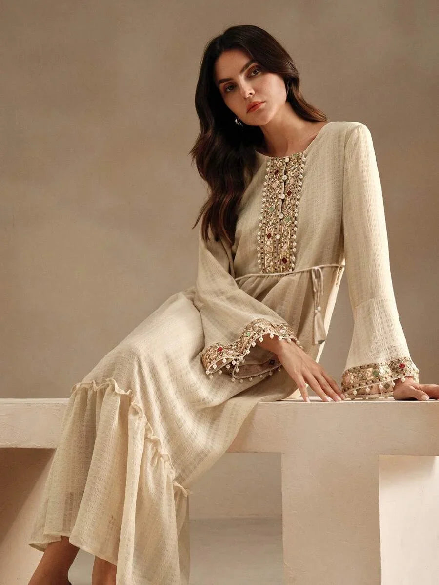 Elegant Embroidery amp Beaded Decor ALine Dress For Women Maxi Women Outfit